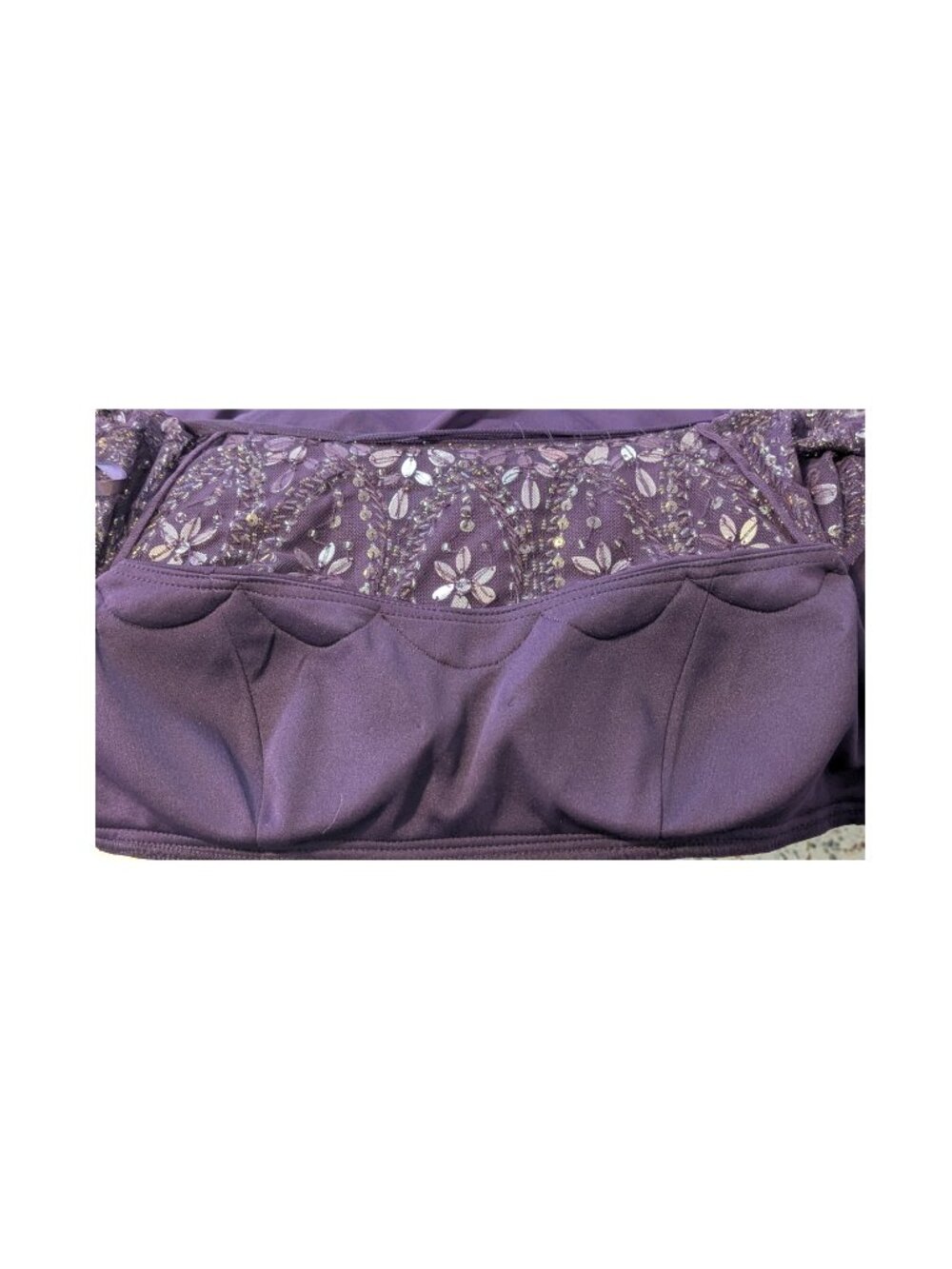 Xscape Plum Embellished Evening Gown Size 6P Beaded Illusion Neckline Maxi - Picture 7 of 8